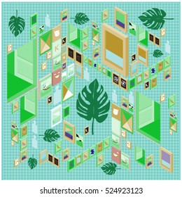 Trendy vector cards illustration with isometric elements and leaves. Design for poster, card, invitation, brochure, and publication template. Art print and wallpaper background.