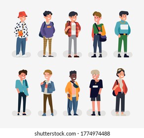 Trendy Vector Character Design On Diverse Group Of Young Adult Women. Diverse Group Of Ladies Standing In Lineup. Set Of Multiracial Female Characters In Different Outfits And Appearance