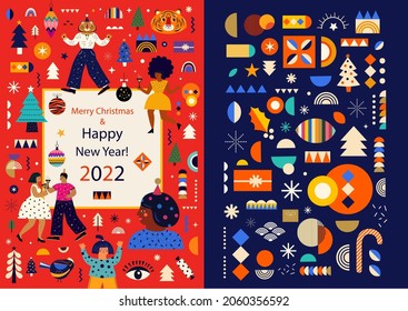 Trendy vector Christmas illustration and pattern with New Year and Christmas symbols