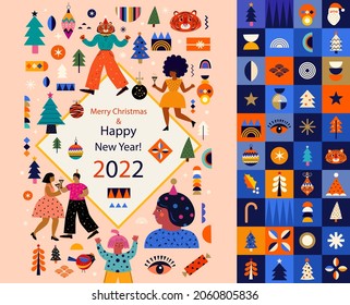Trendvektorgrafik und -muster mit Silvester- und Weihnachtssymbolen
