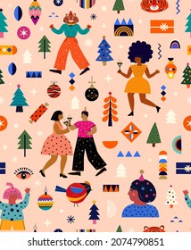 Trendy vector Christmas seamless pattern with New Year and Christmas symbols