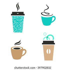 Pancartas de café vector de moda. Tasa de papel desechable, capuchino, espresso clásico, tacita tardía.