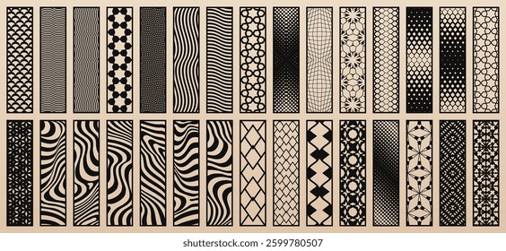 Trendy vector collection of 30 templates for laser cut. Modern design with abstract geometric patterns, floral ornaments. Stencils for CNC cutting of wood, paper, metal, plastic. Aspect ratio 1:4