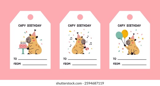 Trendy vector collection of birthday gift tags adorned with cute capybaras and Capy Birthday text. Cute labels perfect for adding a festive and adorable element to birthday gift designs.