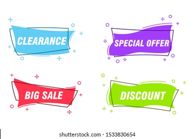 Trendy vector color sale banner . Flat linear promotion ribbon banner with editable text, scroll, price tag, sticker, badge, poster,  logo, label, discount title frame, promotion. Vector illustration