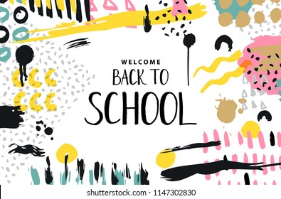 Trendy vector colorful pattern with brush strokes and letter back to school. Design backgrounds for wallpaper, cover. Hand drawn abstract card, pastel and gold colors. Vector illustration