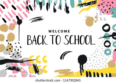 Trendy vector colorful pattern with brush strokes and letter back to school. Design backgrounds for wallpaper, cover. Hand drawn abstract card, pastel and gold colors. Vector illustration