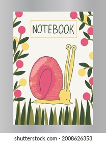 Trendy vector cover in flat style. Hand drawn notepad template with leaves, red and yellow berries, weird eyes snail with pink shell. Design concept for workbook, school book, title sheet, notebook.