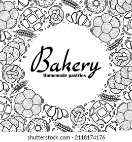 Trendy vector design for bakery or cafe.Illustrations of buns, bread,baguette, and other pastries for packaging, labels,or signage.Line art illustration of food for banner,flyer or menu.Lettering.