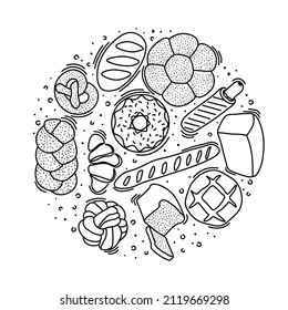 Trendy vector design for bakery or cafe.Illustrations of buns, bread,baguette, and other pastries for packaging, labels,or signage.Line art illustration of food for banner,flyer or menu.Lettering.