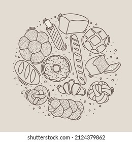 Trendy vector design for bakery or cafe.Illustrations of buns, bread,baguette, and other pastries for packaging, labels,or signage.Line art illustration of food for banner,flyer or menu.Lettering.