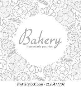 Trendy vector design for bakery or cafe.Illustrations of buns, bread,baguette, and other pastries for packaging, labels,or signage.Line art illustration of food for banner,flyer or menu.Lettering