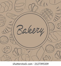 Trendy vector design for bakery or cafe.Illustrations of buns, bread,baguette, and other pastries for packaging, labels,or signage.Line art illustration of food for banner,flyer or menu.Lettering.