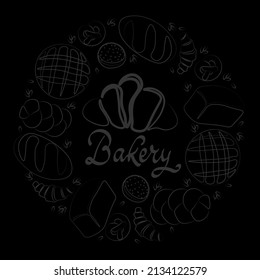 Trendy vector design for bakery or cafe.Illustrations of buns, bread,baguette, and other pastries for packaging, labels,or signage.Line art illustration of food for banner,flyer or menu.Lettering.