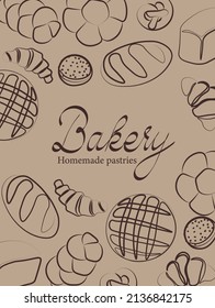 Trendy vector design for bakery or cafe.Illustrations of buns, bread,baguette, and other pastries for packaging, labels,or signage.Line art illustration of food for banner,flyer or menu.Lettering.