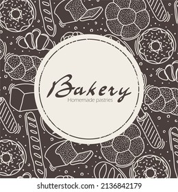 Trendy vector design for bakery or cafe.Illustrations of buns, bread,baguette, and other pastries for packaging, labels,or signage.Line art illustration of food for banner,flyer or menu.Lettering.