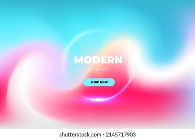 Trendy vector design for banner with glowing circle on the blurred blue white and pink twisted colors background