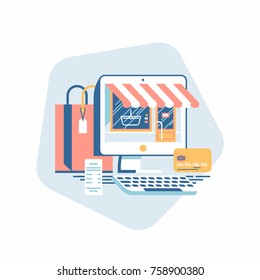 Trendy vector design element on online shopping and e-commerce with desktop personal computer, shopping bag, chip bank debit or credit card and store shop facade