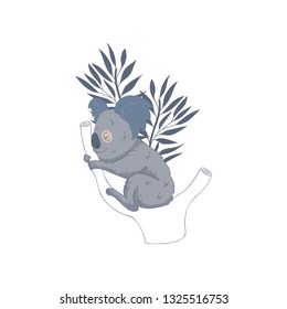 Trendy vector design of lovely koala bear sleeping on tree trunk. Australian marsupial animal. Wildlife theme