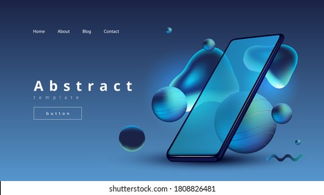 
trendy vector design with mobile phone and floating volumetric balls and liquid drops
