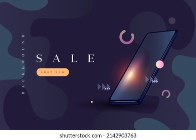 Trendy vector design with smartphone and wavy dark green shapes and pink circles on the black background