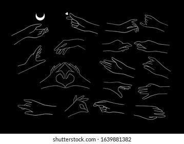 Trendy vector drawings of hand in linear style. Minimalism illustration. Black line hands in different positions. Line and silhouette. Perfect logo for your brand, packaging, cosmetic, jewelry, shops