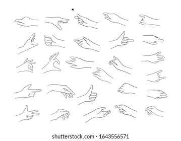 Trendy vector drawings of hand in linear style. Minimalism illustration. Black line hands in different positions. Line and silhouette. Perfect logo for your brand, packaging, cosmetic, jewelry, shops