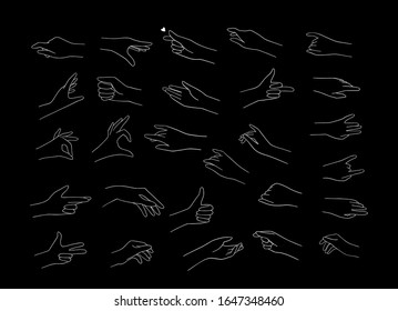 Trendy vector drawings of hand in linear style. Minimalism illustration. Black line hands in different positions. Line and silhouette. 