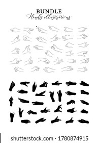 Trendy vector drawings of hand in linear style. Minimalism illustration. Black line hands in different positions. Line and silhouette. Perfect logo for your brand, packaging, cosmetic, jewelry, shops