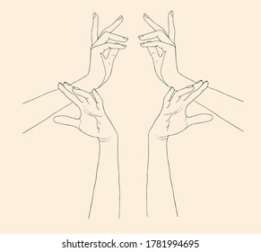 Trendy vector drawings of hand in linear style. Minimalism illustration. Black line hands in different positions. Line and silhouette.