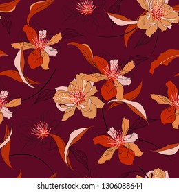 Trendy Vector elegant seamless blooming cherry blossom flowers and line background with foliage pattern in hand drawn style design for fashion,fabric,web,wallpaper and all prints on dark marooon
