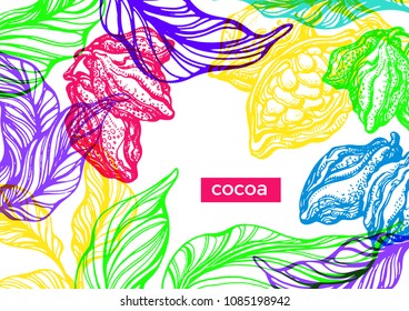 Trendy vector exotic template. Design organic food. Nature banner of tropical cocoa tree, branch, art line leaf, bean Summer background, sketch illustration Botanical card, jungle print, natural sweet