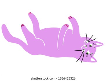 Trendy vector fat cat white  Pink pussycat lying upside down  Flat Scandinavian concept relax violet plump kitty  Doodle hand drawn illlustration resting kitten for web  label  sticker  print
