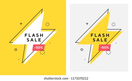 Trendy vector flash sale banne. Vivid lightning bolt in retro poster design style. Vintage colors and shapes. Red and yellow colors. 90s or 80s memphis style.