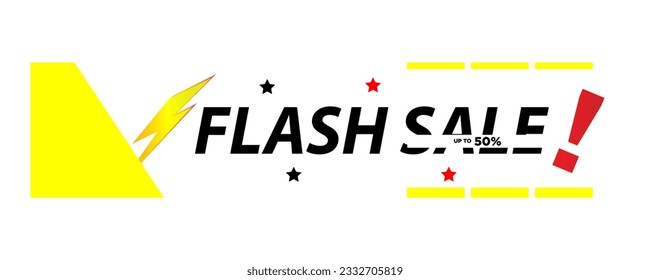 Trendy vector flash sale banne. Vivid lightning bolt in retro poster design style. Vintage colors and shapes. Red and yellow colors. 90s or 80s memphis style.