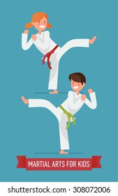 Trendy Vector Flat Design On Young Karate Boy And Girl Characters | Martial Arts For Kids | Karate Class Young Students In Action