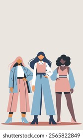 Trendy vector flat illustration flat style with place for text, three different strong women standing together. Feminism concept gender equality protection of women's rights and freedoms