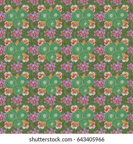 Trendy vector floral Ditsy Print in orange and green colors. Seamless cute minimalistic gentle flower pattern. Romantic, little, ditsy, stylish floral background.