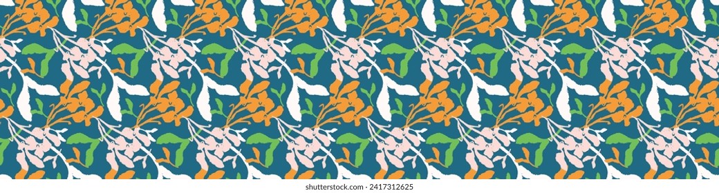 Trendy vector floral pattern with organic botanical shapes border. Modern bold summer flower print, ribbon design in scandi style.