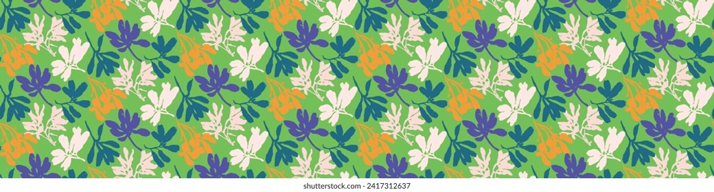 Trendy vector floral pattern with organic botanical shapes border. Modern bold summer flower print, ribbon design in scandi style.