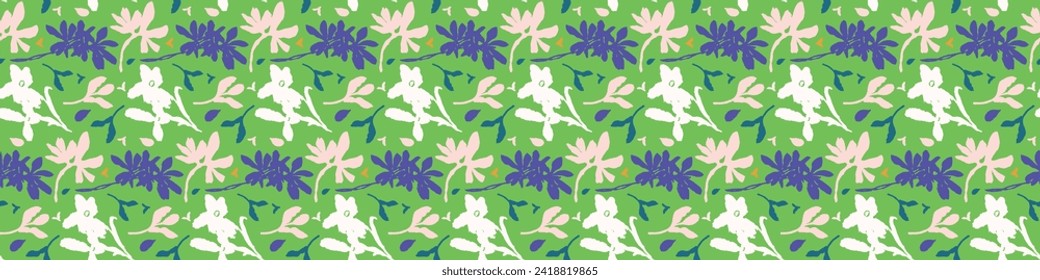 Trendy vector floral pattern with organic botanical shapes border. Modern bold summer flower print, ribbon design in scandi style.