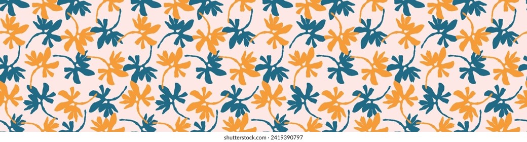 Trendy vector floral pattern with organic botanical shapes border. Modern bold summer flower print, ribbon design in scandi style.