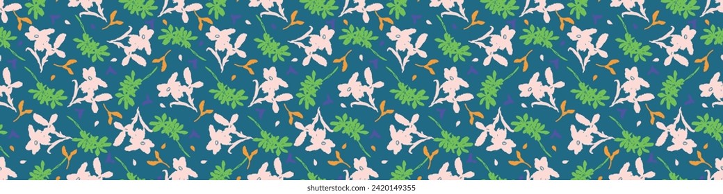 Trendy vector floral pattern with organic botanical shapes border. Modern bold summer flower print, ribbon design in scandi style.