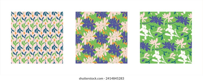 Trendy vector floral pattern set with organic botanical shapes. Modern bold summer flower print, design collection in scandi style.