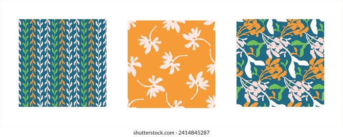 Trendy vector floral pattern set with organic botanical shapes. Modern bold summer flower print, design collection in scandi style.