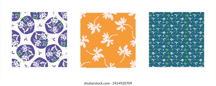 Trendy vector floral pattern set with organic botanical shapes. Modern bold summer flower print, design collection in scandi style.