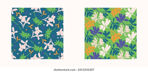 Trendy vector floral pattern set with organic botanical shapes. Modern bold summer flower print, design collection in scandi style.