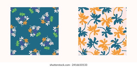 Trendy vector floral pattern set with organic botanical shapes. Modern bold summer flower print, design collection in scandi style.