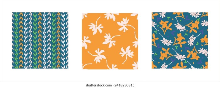 Trendy vector floral pattern set with organic botanical shapes. Modern bold summer flower print, design collection in scandi style.