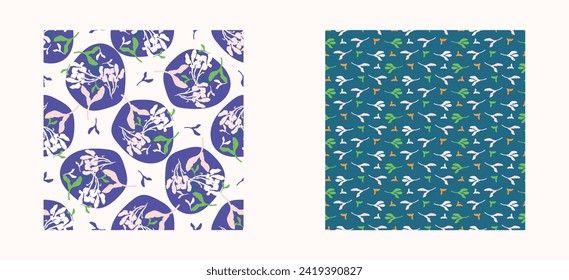 Trendy vector floral pattern set with organic botanical shapes. Modern bold summer flower print, design collection in scandi style.